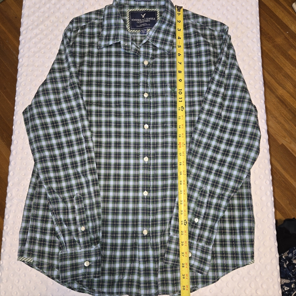 American Eagle Men’s Plaid Button Up Shirt Green Blue Long Sleeve Size XL‎ - Picture 5 of 6